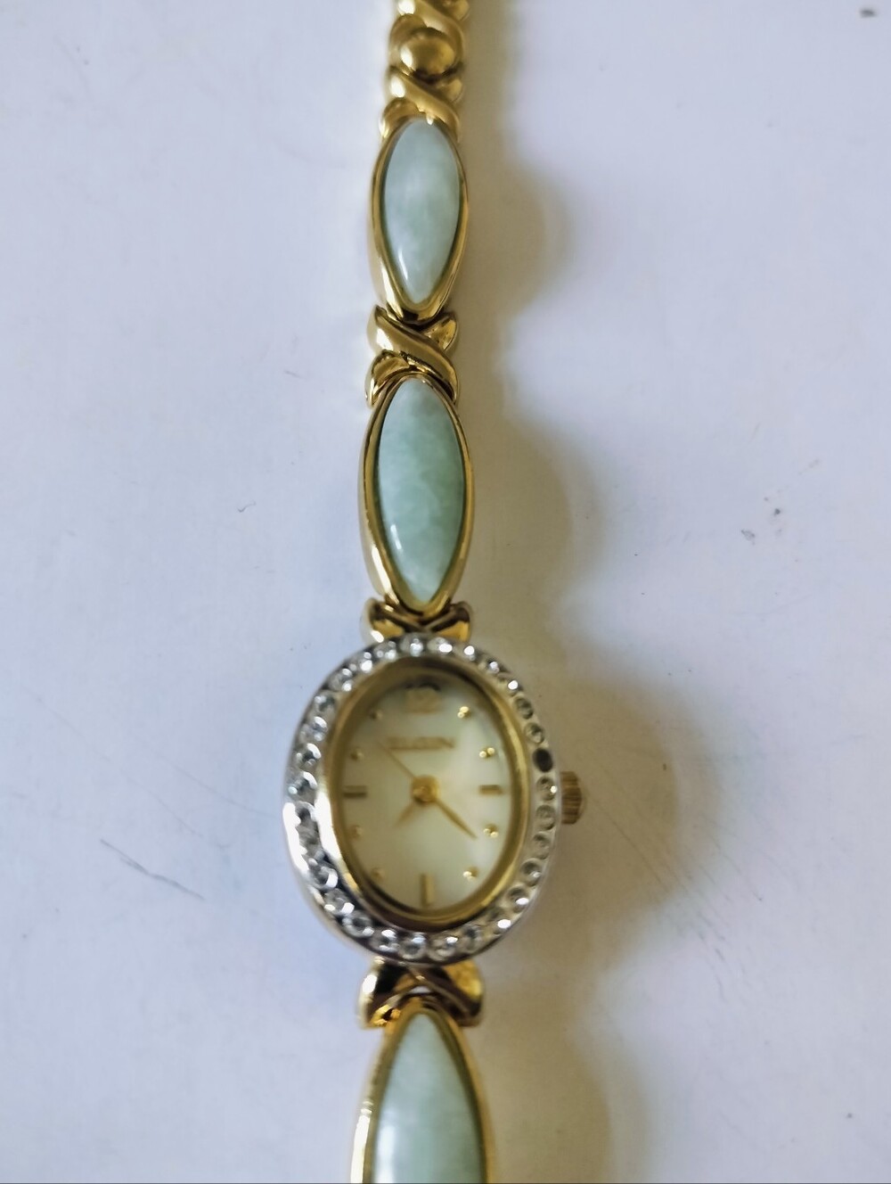 Vintage Elgin Women's Gold-Tone Watch Faux Jade Cabochons Rhinestone Bezel 7"